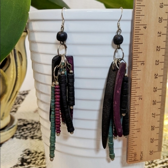 Boho Wooden Fringe Handmade Dangle Earrings - Picture 2 of 2